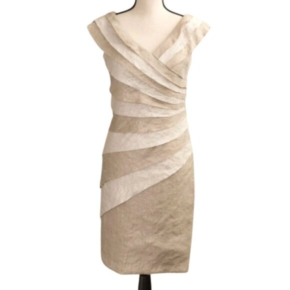 London Style Collection Layered Pleated Cocktail Dress Mother of Bride 16 Beige - Picture 1 of 7